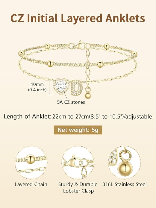 FindChic Silver/14K Gold Plated Layered CZ Initial Ankle Bracelet for Women | Waterproof Stainless Steel, Cubic Zirconia Letter Charm, Non-Tarnish, Hypoallergenic, Adjustable Extender, Summer Jewelry