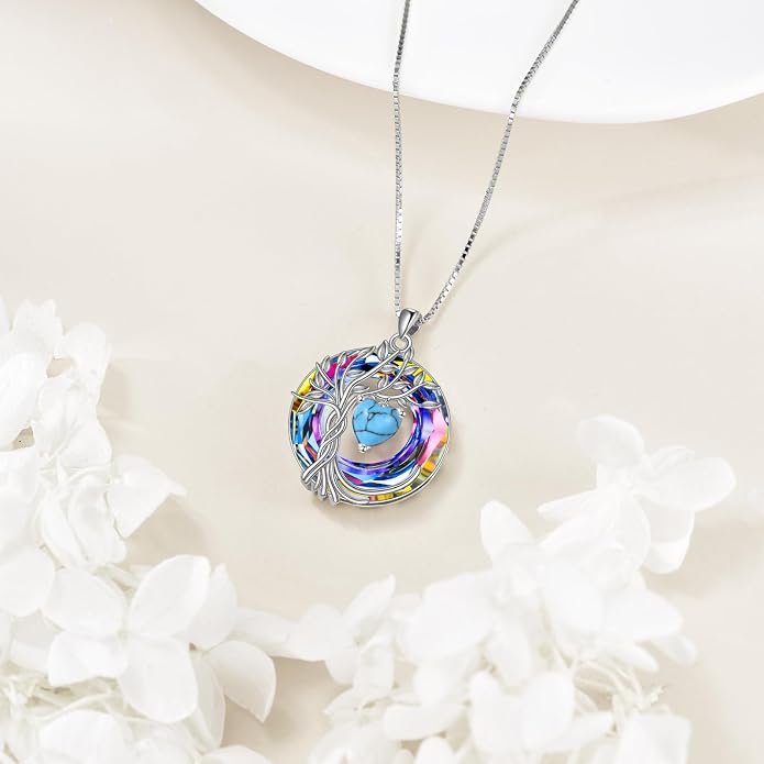 POPLYKE Mothers Day Gifts for Mom Her Wife Tree of Life Necklace 925 Sterling Silver Birthstone Pendant with Crystal Anniversary Birthday Wedding Jewelry for Women