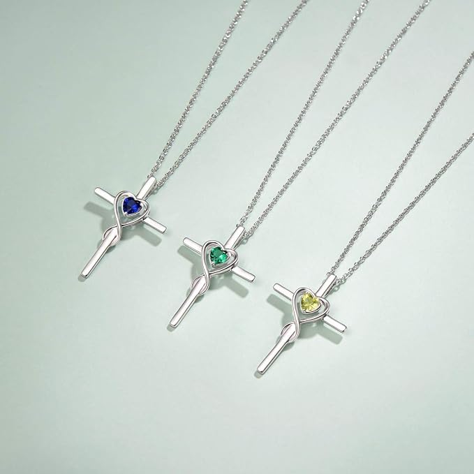 FANCIME Birthstone Cross Necklace for Women Birthstone Necklace Heart Infinity Cross Pendant Necklace Fine Jewelry Christmas Birthday Holiday Gifts for Her, 16"+2" Inches