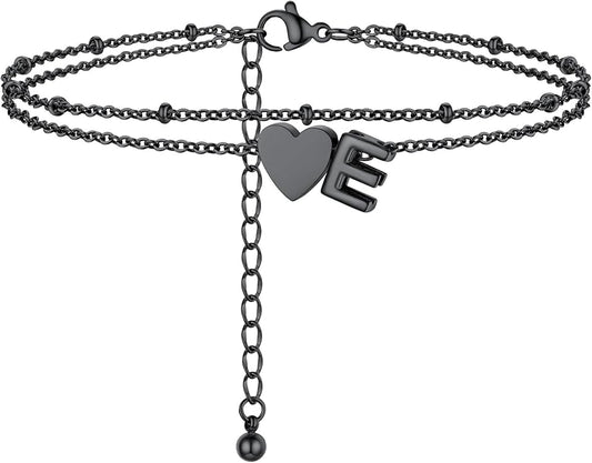 Initial Ankle Bracelets for Women, Dainty Stainless Steel Letter A-Z Layered Anklets, Heart Ankle Bracelet 8.5"-10.5" Adjustable, Summer Beach Jewelry, Come with Box