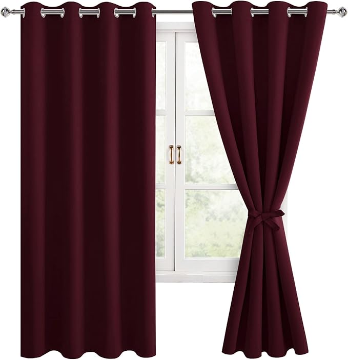 Hiasan Blackout Curtains for Bedroom, 52 x 63 Inches Length - Thermal Insulated & Light Blocking Window Curtains for Living Room Christmas Decor, 2 Drape Panels Sewn with Tiebacks, Burgundy