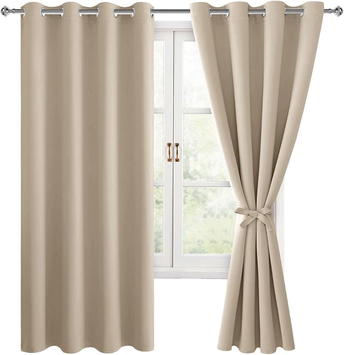 Hiasan Blackout Curtains for Bedroom, 52 x 63 Inches Length - Thermal Insulated & Light Blocking Window Curtains for Living Room, 2 Drape Panels Sewn with Tiebacks, Taupe