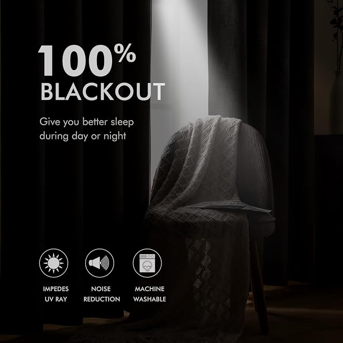 MIULEE Linen Texture Curtains for Bedroom Solid 100% Blackout Thermal Insulated Khaki Curtains Grommet Room Darkening Drapes Luxury Decor for Living Room 52x96 Inch (2 Panels)