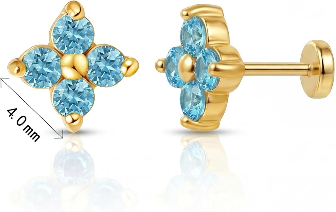 FANSING Short Threadless Cartilage Earring Stackable CZ Birthstone Flat Back Earrings for Women Small Stud Earrings for Tragus Helix Earlobe 18K Gold Plated ‌Rainbow 5.0mm
