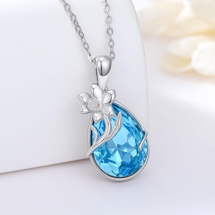 925 Sterling Silver Birth Flower Necklace with Teardrop Shaped Birthstone - 12 Colors, 12 Kinds of Flower - Ideal Birthday Jewelry Gift for Women, Mothers, Daughters & Wives