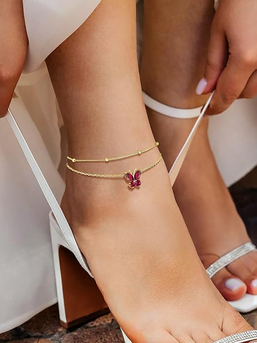 Richsteel Double Layer Heart/Butterfly Birthstone Anklet for Women Non Tarnish Waterproof, Silver/Gold/Black Stainless Steel 8.5-10.5 Inch Adjustable Chain Anklets Jewelry Gifts for Her