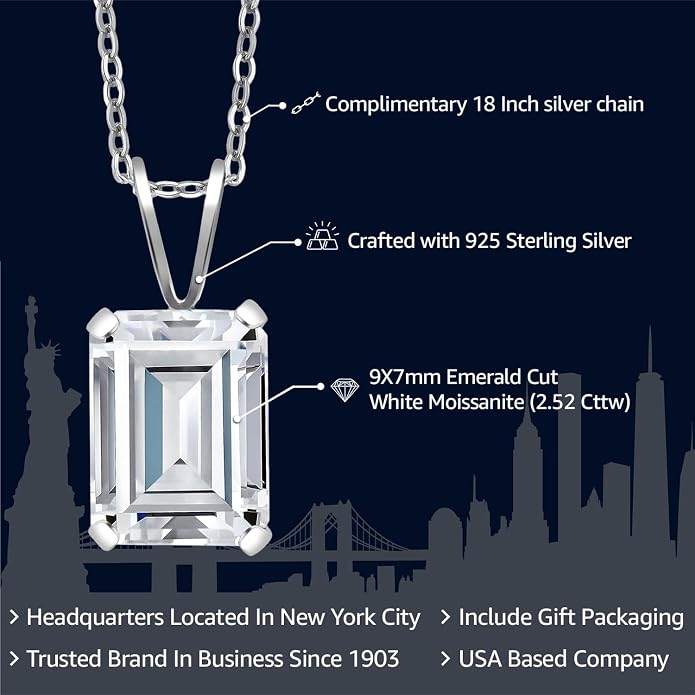 Gem Stone King Emerald Cut Pendant Necklace For Women | 925 Sterling Silver | Emerald Cut 9X7MM | Gemstone Birthstone | Fine Jewelry for Her Mom Wife | With 18 Inch Silver Chain