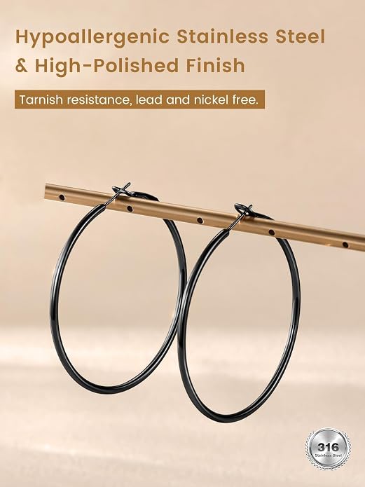 KeyStyle Gold Hoop Earrings for Women, Stainless Steel Hoops Earring Lightweight Loops, 2 mm Thick Hypoallergenic Circle Endless Thin Hoop (20/30/40/50/60/70/80/90/mm)