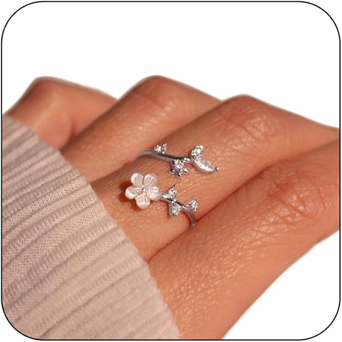 Birthstone Flower Rings For Women Non Tarnish Gemstone Cubic Zirconia Mother of Pearl Adjustable Size 7-11 Silver Rose 14K Gold Plated Birth Jewelry Gift For Birthday
