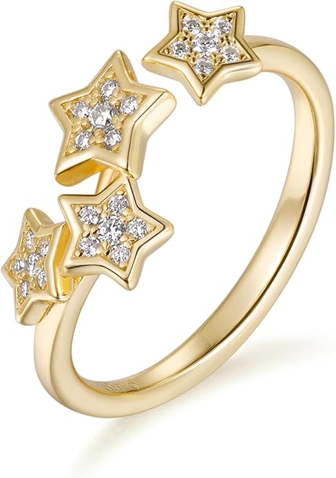 Moissanite Flower/Butterfly/Star Pretty Open Ring for Women, Adjustable Ring, Solid 925 Sterling Silver with Gold Plated, Stackable Ring, Birthday Valentines Anniversary Mothers Day Ideal Gift for Her