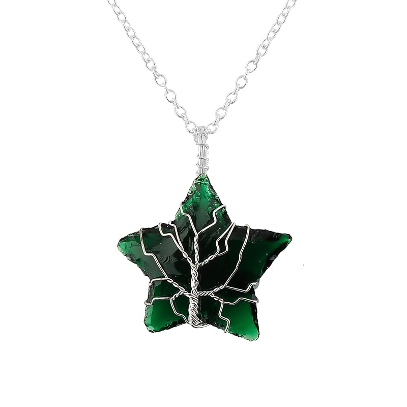 Tree of Life Craft - Raw Green Sea Glass Rough Crystals Pendant Necklace, Wire Wrapping, Gift Giving Women Jewelry with Dainty Silver Plated Chain 18 inch (3pcs)