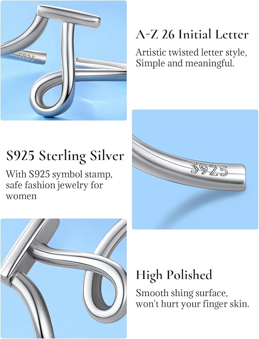 SILVERCUTE S925 Initial Rings, Adjustable Size 6-12 Statement Alphabet Letter A-Z Jewelry Personalized Twisted Initials Rings Sterling Silver Stacking Ring for Women