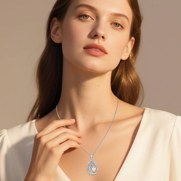 Aniu Tree of Life Necklace for Women, 925 Sterling Silver Mother of Pearl Family Palm Tree Charm Pendant Jewelry for Birthday Christmas Gift