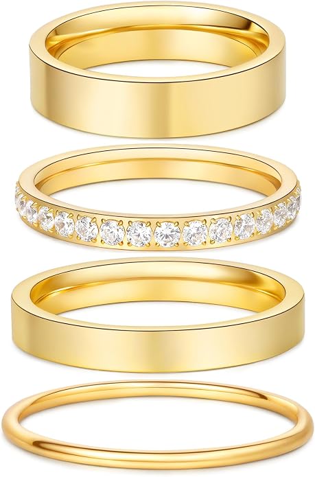 4 Pcs 14k Gold Filled Rings for Women Non Tarnish Wedding Bands Stacking Rings for Women Titanium Steel CZ Simulated Diamond Knuckle Ring Set