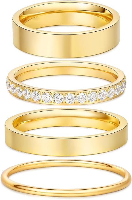 4 Pcs 14k Gold Filled Rings for Women Non Tarnish Wedding Bands Stacking Rings for Women Titanium Steel CZ Simulated Diamond Knuckle Ring Set