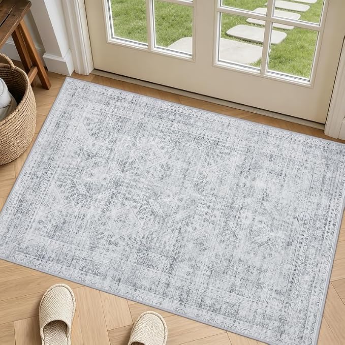Machine Washable Area Rugs 2x3: Vintage Boho Neutral Washable Rug Indoor Soft Small Entryway Throw Carpet for Living Room Bedroom Kitchen Laundry Floor Non-Slip Low Pile Entrance Rug Gray