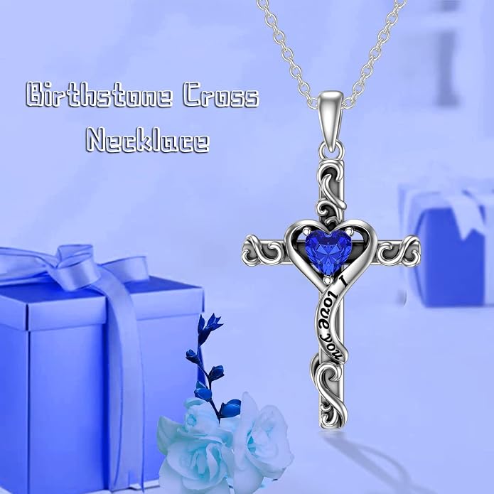 TOUPOP Cross Birthstone Necklace for Women 925 Sterling Silver Heart Cross Pendant I Love You Jewelry Anniversary Birthday Mothers Day Gifts for Mom Wife Her