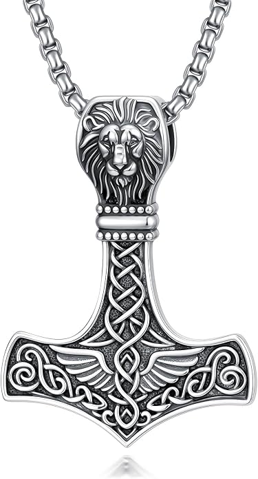 PROESS Thors Hammer Necklace Sterling Silver Celtic Knot Wolf/Lion/Raven Necklace Viking Mjolnir Pendant Jewelry for Men