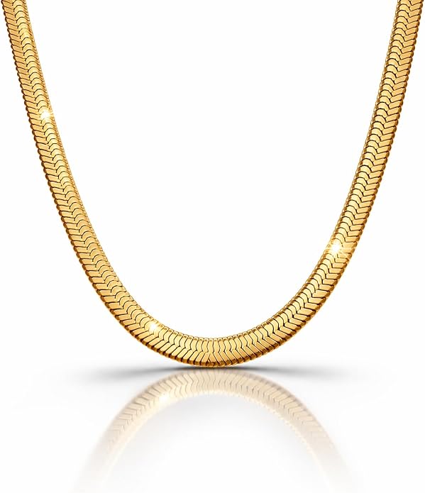 Gold Herringbone Necklace For Women - Rope Chork,Flat Snake Chain Necklaces in 18K Gold & White Gold Plated Tone - Simple Daily Jewelry-Tarnish Free-16-18in