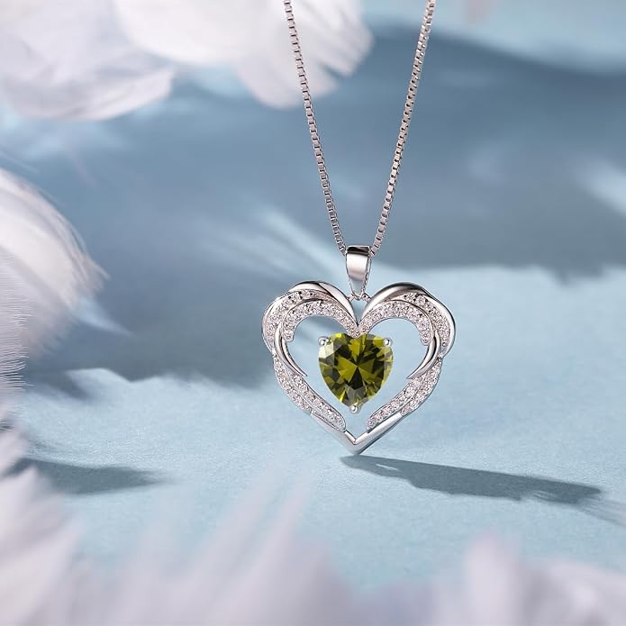 Heart Necklaces for Women Mother's day Gifts, Birthstone 925 Sterling Silver Angel Wings Love Pendant Necklaces for Women, Jewelry Gifts for Wife, Anniversary, Birthday