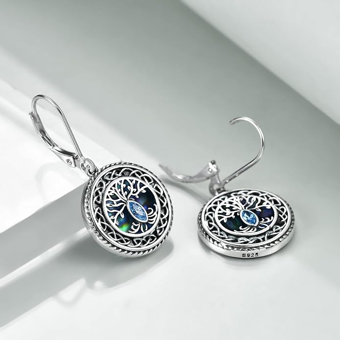 POPLYKE 925 Sterling Silver Tree of Life Dangle Earrings for Women Fashion Abalone Shell Jewelry Gifts for Mom Sister Friend Birthday