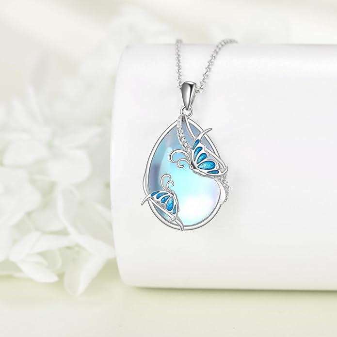 KQF Dragonfly/Butterlfy/Cat/Jellyfish/Bunny/Axolotl/Bee/Mermaid/Hummingbird/Elephant Necklace for Women Sterling Silver Moonstone Pendant Necklace Dragonfly Jewelry Gifts for Women