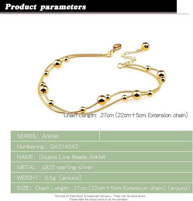 Womens Anklet 925 Sterling Silver Layered Anklet Bracelet Dainty Beaded Foot Chain Adjustable Summer 24k Gold Plated Beach Jewelry Gift