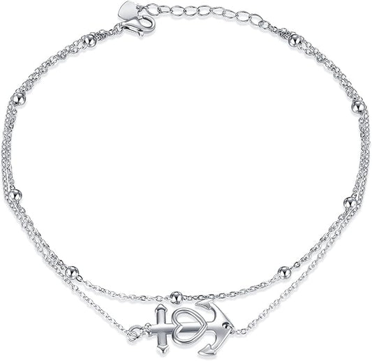 Rnivida 925 Sterling Silver Anklet for Women, Multilayer Foot Chain Adjustable Ankle Bracelet for Women