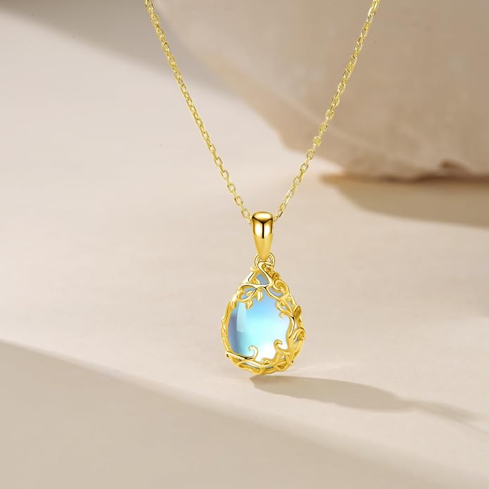 Teardrop Moonstone/Turquoise Necklace for Women 925 Sterling Silver Cage Filigree Necklaces Anniversary Birthday Jewelry Gift for Women