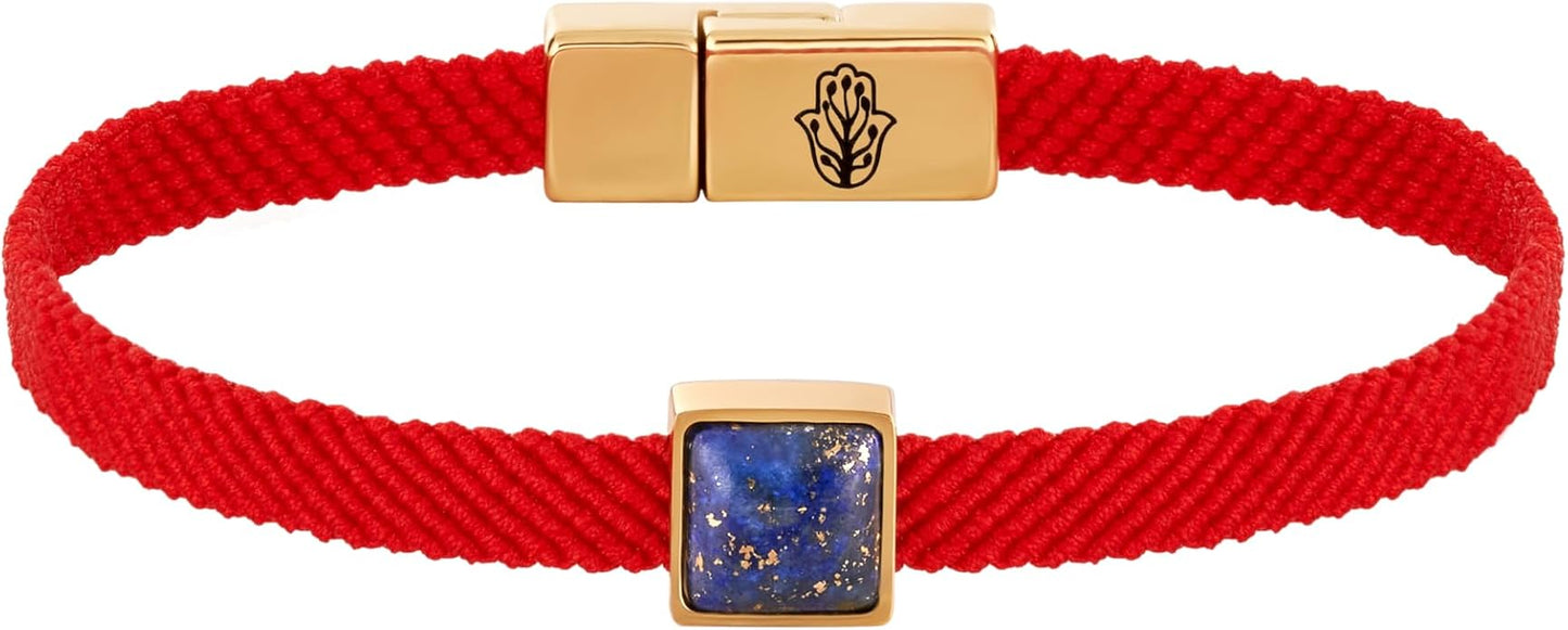KARMA AND LUCK Red String Bracelet with Black Onyx, Jade, Tiger Eye, Lapis Lazuli - Rhodium Plated Brass, Handmade in Thailand, Available in 6.5", 7", 7.5" Lengths
