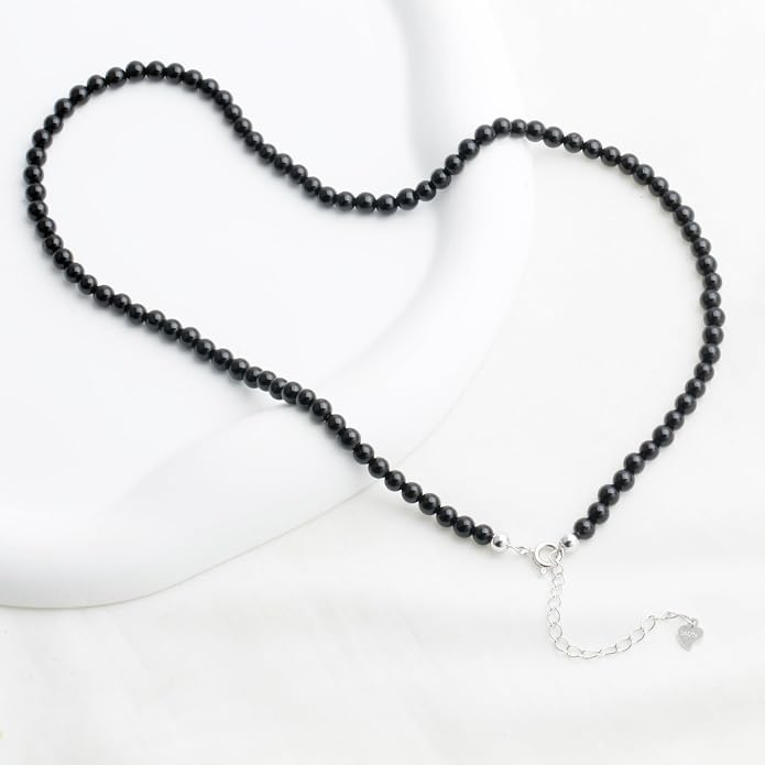 Kakikaki Natural Agate Choker Necklace Sterling Silver Round Beads Strand Necklace for Women