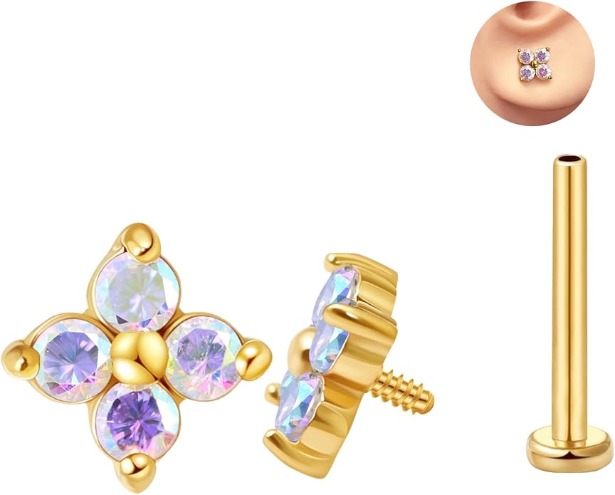 FANSING CZ Flower Internally Threaded Flat Back Earring Labret Stud for Cartilage Tragus Helix Conch