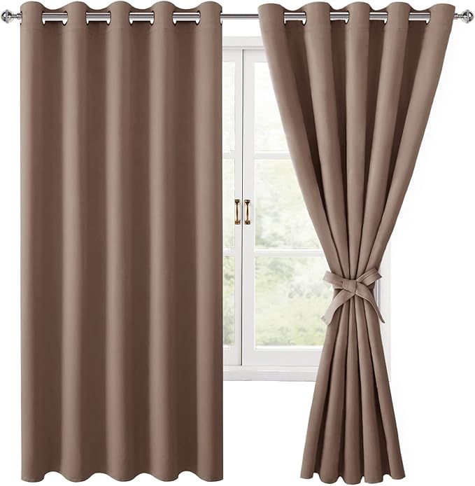 Hiasan Grommet Blackout Curtains for Bedroom, 60 x 72 Inches - Thermal Insulated & Light Blocking Window Drapes for Living Room/Dorm Room, Set of 2 Panels Sewn with Tiebacks, Cappuccino