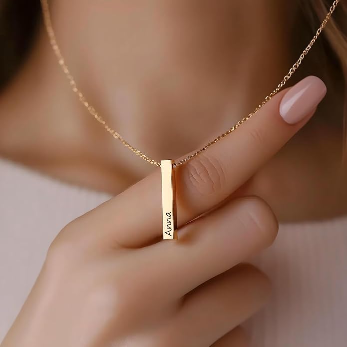 Ship Next Day, Personalized 3D Bar Name Necklace for Women, Custom Engraved Nameplate Necklaces for Men, Valentine Anniversary Dainty Jewelry Gifts for Girlfriend Boyfriend BFF