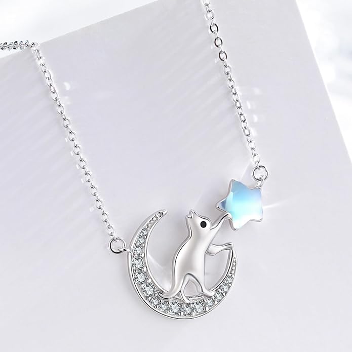 TRISHULA Crescent Moon Necklace 925 Sterling Silver Eye of Horus Animal Moon Pendant with Heart Crystal Birthday Jewelry Gift for Women Christmas Gifts for Her