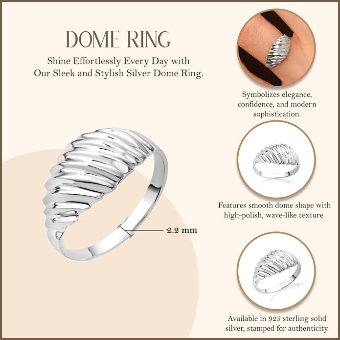 Modern Contemporary Ring Dainty .925 Sterling Silver Elegant Croissant Dome Band Style Statement Ring | Available in Sizes 4-12