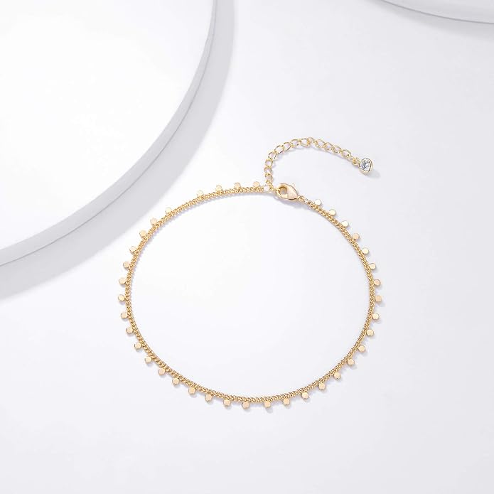 Dainty Gold Disc Chain Anklet for Women, 14K Gold Plated Sequin Foot Bracelet, 8.3"+2" Adjustable Delicate Flat Disc Link Ankle Bracelet, Minimalist Summer Beach Jewelry Gift for Her