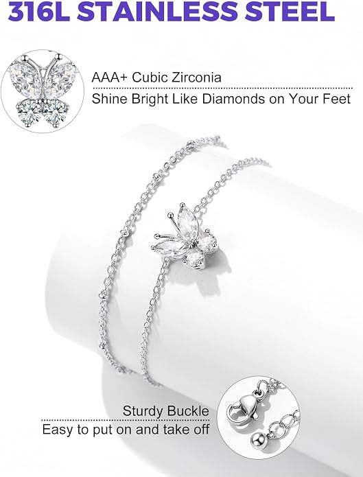 Richsteel Double Layer Heart/Butterfly Birthstone Anklet for Women Non Tarnish Waterproof, Silver/Gold/Black Stainless Steel 8.5-10.5 Inch Adjustable Chain Anklets Jewelry Gifts for Her