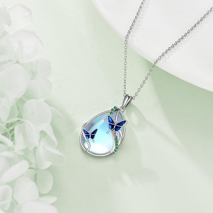 KQF Dragonfly/Butterlfy/Cat/Jellyfish/Bunny/Axolotl/Bee/Mermaid/Hummingbird/Elephant Necklace for Women Sterling Silver Moonstone Pendant Necklace Dragonfly Jewelry Gifts for Women