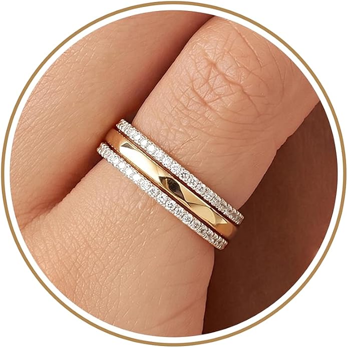 Purplepig Stackable Rings for Women Non Tarnish, Two Tone Mixed Metal Dainty Eternity Band Set, 14K Gold & Sterling Silver Plated Cubic Zirconia Hypoallergenic Wedding Thumb Pinky Rings Size 4-11