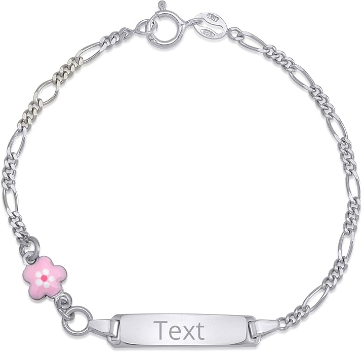 UNICORNJ 925 Italy Sterling Silver Child or Baby Name Bracelet Girls Boys, Personalized Engraved Kids ID Bracelets, 6.5" Figaro Chain, Enamel Charm Newborn Infant Toddler Kid Jewelry