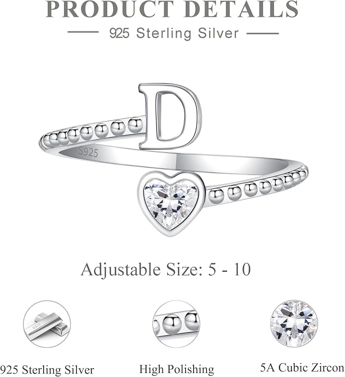 Step Forward 925 Sterling Silver Adjustable Initial Ring for Women | Non Tarnish Letter Rings for Lady | Alphabet Heart Thumb Rings | Capital Letter Jewelry Gifts