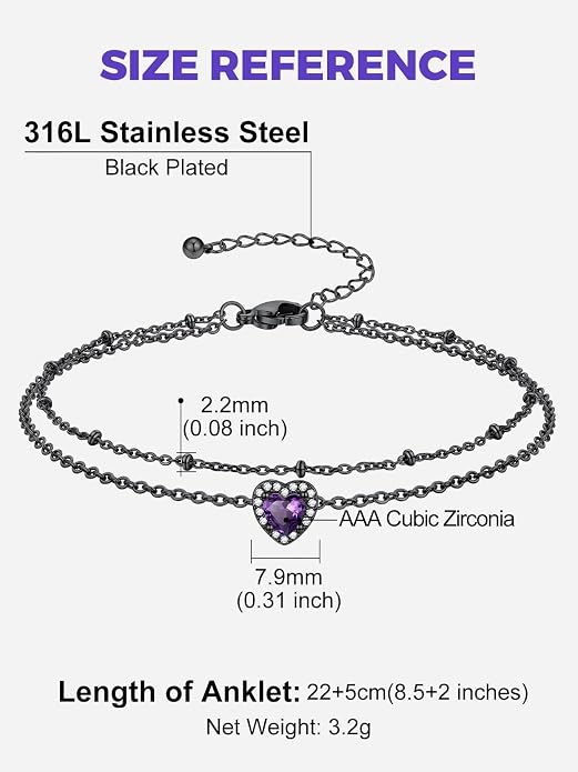 Richsteel Double Layer Heart/Butterfly Birthstone Anklet for Women Non Tarnish Waterproof, Silver/Gold/Black Stainless Steel 8.5-10.5 Inch Adjustable Chain Anklets Jewelry Gifts for Her