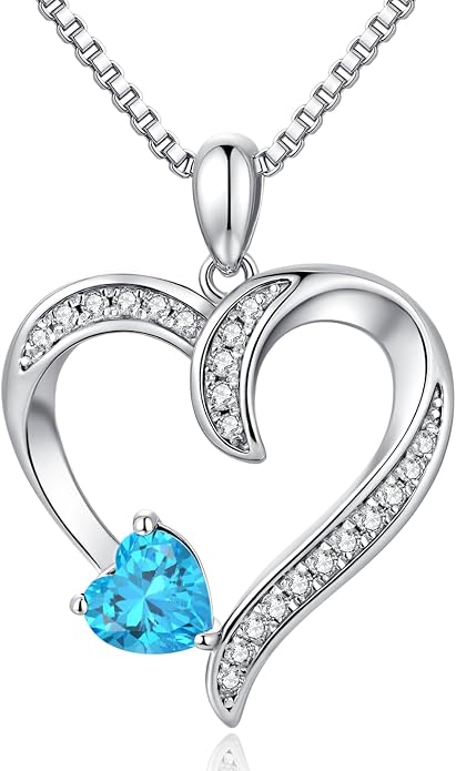 Love Heart Necklace for Women, 925 Sterling Silver Cubic Zirconia Birthstone Heart Pendant Jewelry Gift for Mom, Mother, Wife, Girlfriend on Birthday, Mother's Day, Chain 18 inch