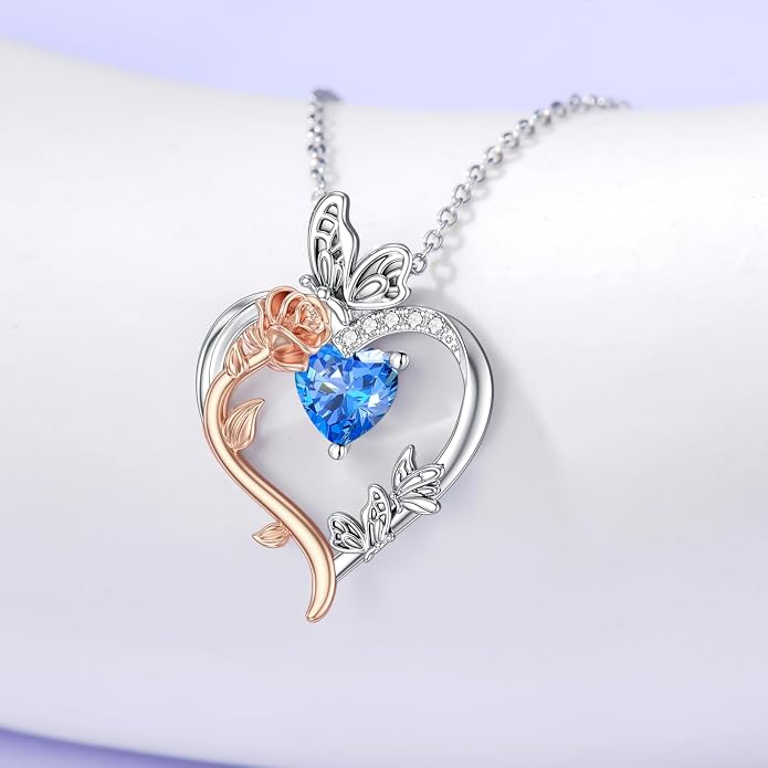 TOUPOP Rose Heart Birthstone Necklace 925 Sterling Silver Heart Butterfly Pendant Love Jewelry Birthday Gifts for Women Wife Mom Her