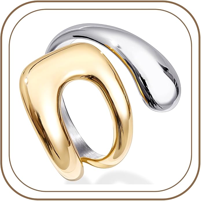 Gelbesty Waterproof Gold Statement Rings for Women, 14K Gold Plated Chunky Open Stackable Rings Non Tarnish Fashion Adjustable Stainless Steel Pinky Knuckle Signet Vintage Ring Jewelry Size 5-11