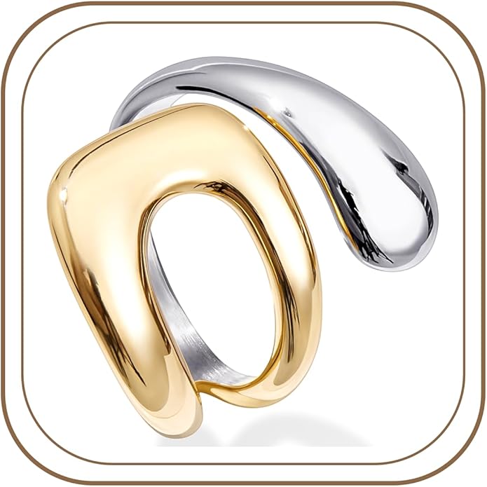 Gelbesty Waterproof Gold Statement Rings for Women, 14K Gold Plated Chunky Open Stackable Rings Non Tarnish Fashion Adjustable Stainless Steel Pinky Knuckle Signet Vintage Ring Jewelry Size 5-11