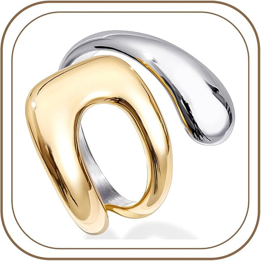 Gelbesty Waterproof Gold Statement Rings for Women, 14K Gold Plated Chunky Open Stackable Rings Non Tarnish Fashion Adjustable Stainless Steel Pinky Knuckle Signet Vintage Ring Jewelry Size 5-11