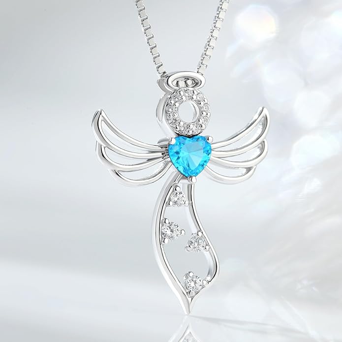 925 Sterling Silver Guardian Angel Pendant Necklace for Women - Birthstone Cubic Zirconia, 18" Chain, Gift for Her