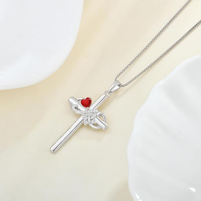 Infinity Butterfly Cross Necklace for Women 925 Sterling Silver Christian Religious Crucifix Pendant Birthstone Jewelry Gifts for Her